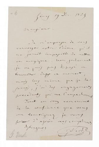 VERDI, GIUSEPPI. Autographed letter signed, one page, December 19, 18?9. In French.