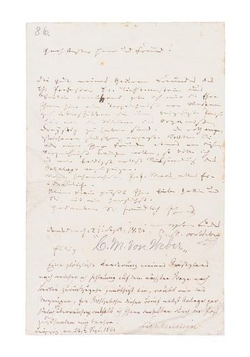 VON WEBER, CARL. Autographed letter signed, one page, September 21, 1821. Nuremberg. In German.