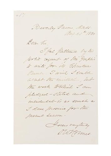 HOLMES, OLIVER WENDELL. Autographed letter signed, one page, August 25, 1880.