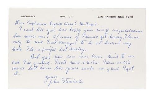 * STEINBECK, JOHN. Autograph postcard signed ("John Steinbeck"), New York, October 30, 1962.