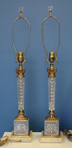 Pair of Cut Glass and Gilt Metal Column Form lamps