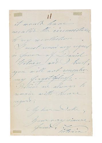 * VICTORIA. Autographed letter signed ("Victoria"), one page double-sided, April 29, 1894.