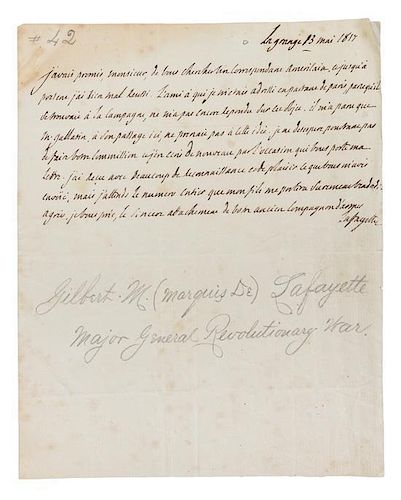 LAFAYETTE, MARQUIS DE. Autographed letter signed, half page, La Grange, May 13, 1817, in French.