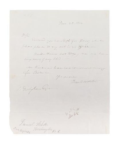 WEBSTER, DANIEL. Autographed letter signed, one page, Washington, December 20, 1834.