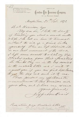 DAVIS, JEFFERSON. Autographed letter signed, one page, Memphis, February 28, 1872, initialled. To "B. V. Harrison."