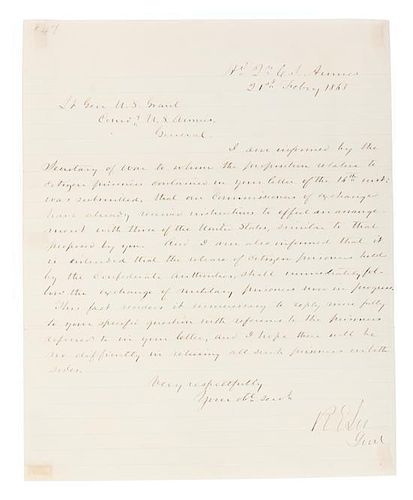 LEE, ROBERT E. ALS, one page, Headquarters of the C.S. Armies, February 21, 1865. To U.S. Grant regarding the exchange of prison