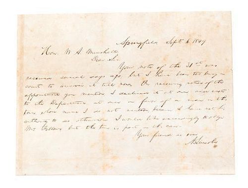 * LINCOLN, ABRAHAM. Autographed letter signed ("A. Lincoln"), one page, Springfield, September 6, 1849. To Judge W.A. Minshall.