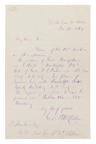 MCCLELLAN, GEORGE. Autographed letter signed, one page, December 11, 1889.