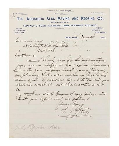 PORTER, FITZ-JOHN. Autographed letter signed, one page, May 22, 1890.