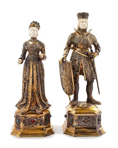 A Pair of German Silver-Gilt and Hardstone Mounted Figures, Maker's Mark IFS, 20th Century, depicting a queen and king.