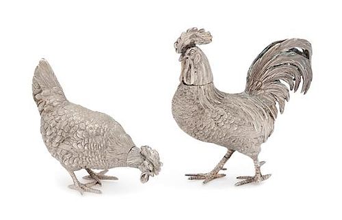 * Two German Silver Zoomorphic Casters, 20th Century, in the form of a rooster and hen.