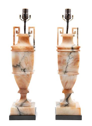 A Pair of Alabaster Table Lamps Height overall 22 1/4 inches.