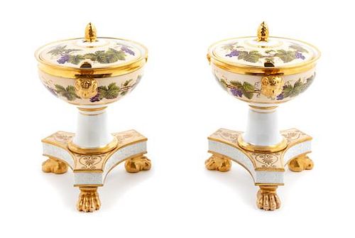 A Pair of English Painted Porcelain Sauce Tureens and Covers Height 9 inches.