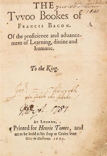 BACON, FRANCIS. The Twoo Bookes of Francis Bacon. London, 1605. First edition.
