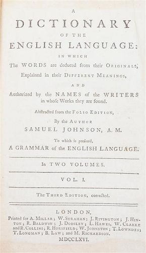 JOHNSON, SAMUEL. Dictionary of the English Language, 1766. 2 v. 3rd ed. W/ Perry, The Royal Standard English Dictionary, c. 1810