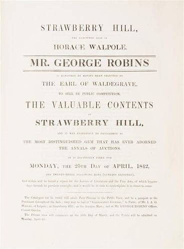WALPOLE, HORACE. A Catalogue of the Classic Contents of Strawberry Hill... London, 1842.