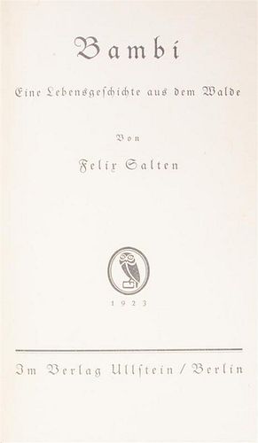 SALTEN, FELIX. Bambi: eine lebensgeschichte au dem walde. Berlin, 1932. First edition.