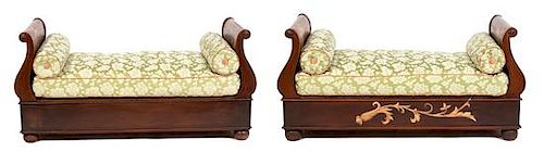 A Pair of French Provincial Painted Day Beds Height 31 1/2 x width 61 x depth 29 inches.
