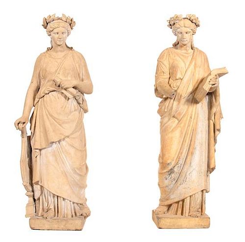A Pair of Classical Style Statues Depicting Grecian Muses Height of statue 62, with base 78 1/2 inches.