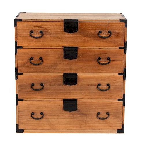 A Campaign Style Pine Chest of Drawers Height 38 x width 26 x depth 16 3/4 inches.