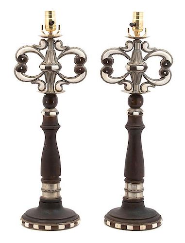 A Pair of Moroccan Inlaid Table Lamps Height 18 inches.