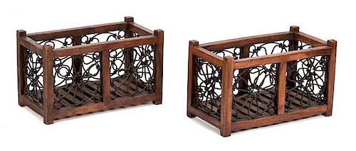 A Pair of Wrought Iron and Wood Racks Height 13 x width 21 inches.