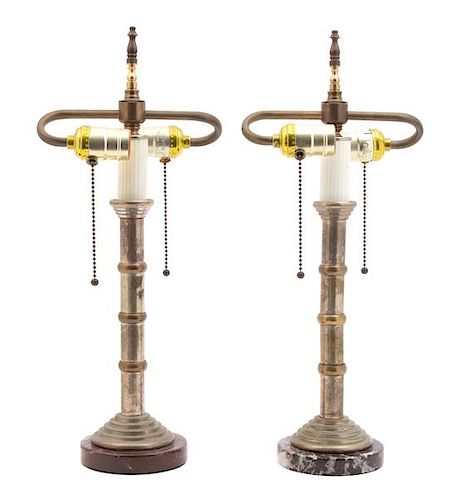 A Pair of Brass and Metal Table Lamps Height 16 inches.