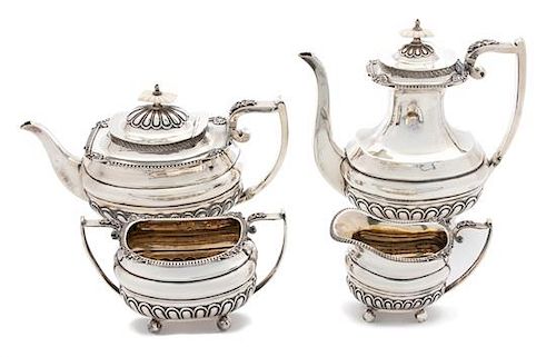 An English Silver Four-Piece Tea and Coffee Service, Walker & Hall, Sheffield, 1919, Comprising a coffee pot, teapot, open sugar