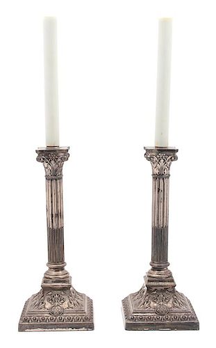 A Pair of English Silverplate Corinthian Column-Form Candlesticks Height overall 19 1/2 inches.