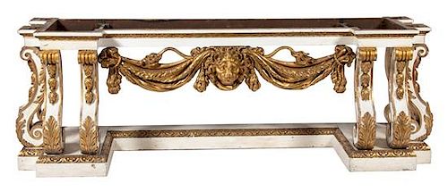 A North Italian Carved Painted and Giltwood Marble Top Console Table Height 34 x width 96 x depth 27 inches.