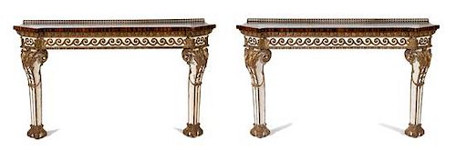 A Pair of Italian Parcel Gilt and Inlaid Top Console Tables Height 32 x width 58 x depth 15 inches.