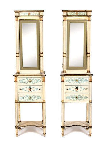 A Pair of Directoire Style Painted Cabinets Height 57 3/4 x width 14 3/4 x depth 10 inches.