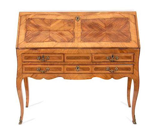 An Italian Rococo Style Olivewood and Parquetry Slant Front Desk Height 40 1/2 x width 44 1/2 x depth 20 inches.