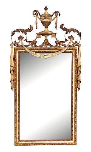 A Neoclassical Style Painted and Parcel Gilt Mirror Height 47 x width 23 1/2 inches.