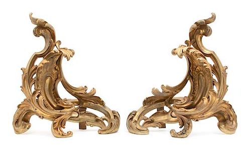 A Pair of Louis XV Style Gilt Bronze Chenets Height 17 x width 16 inches.
