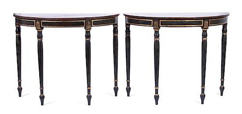 A Pair of Louis XVI Style Ebonized Demilune Console Tables Height 37 x width 46 x depth 20 inches.