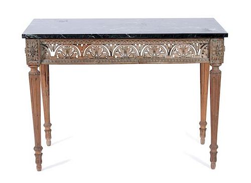 A Louis XVI Style Painted and Marble Top Console Height 33 x width 44 1/2 x depth 20 1/2 inches.