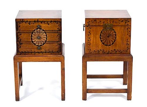 Two Continental Painted Burlwood Bedside Cabinets Height 28 inches.