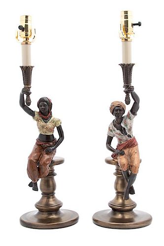 A Pair of Cold Painted Blackamoor Figural Lamps Height overall 24 inches.