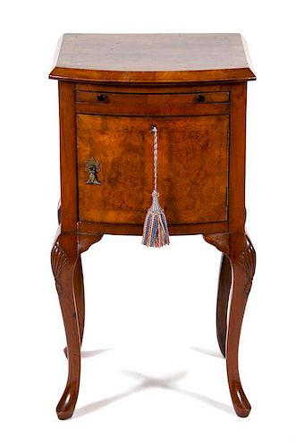 A George II Style Burl Walnut Bow Front Side Cabinet Height 30 x width 16 1/4 x depth 15 inches.