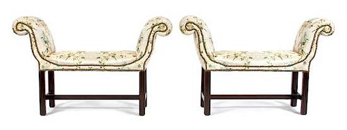 A Pair of George III Style Mahogany Scrolled Arm Window Benches Height 28 x width 44 x depth 14 inches.