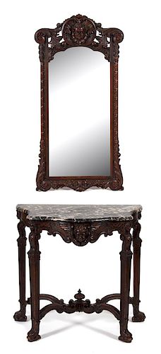 A Victorian Carved Mahogany Console Table and Mirror Table, height 32 x width 33 1/2 x depth 19 1/2 inches.