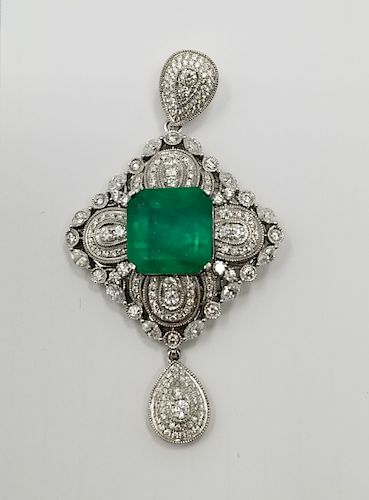 18K White Gold, Emerald & Diamond Pendant