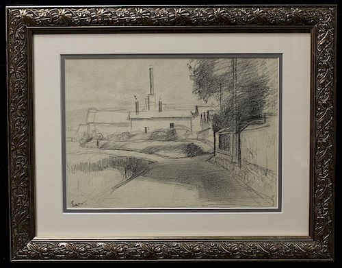 French School Pencil Sketch of Pottery Factory