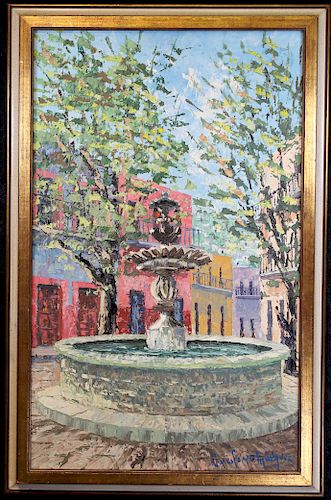 Signed, 20th C Impressionist Painting of Courtyard