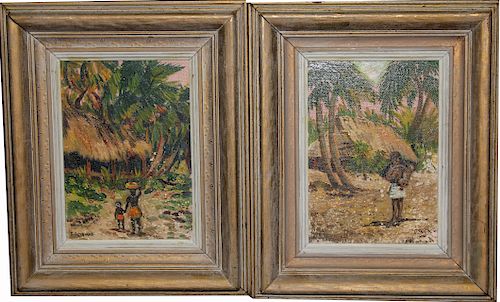 (2) Paintings of Figures Near Thatched Cottages