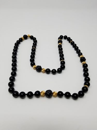 Carved Onyx & Gold Bead Necklace
