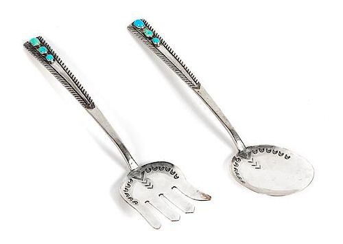 Pair of Navajo Silver and Turquoise Serving Utensils Length of each 9 1/2 inches