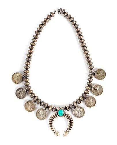 Coin Silver and Turquoise Squash Blossom Necklace Length 24 inches; naja 3 x 2 1/2 inches