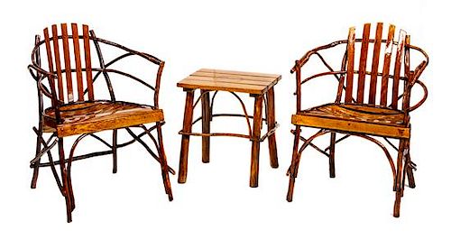Two Old Hickory Style Chairs and Side Table Height 31 x width 25 x depth 19 inches